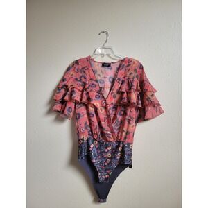 Zara Colorful Floral Ruffle Chiffon Romantic Short Sleeve Bodysuit Sz M
